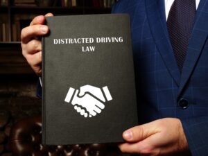 "Distracted Driving Law: A Handbook for Legal Professionals" is seen nestled in the hands of a diligent lawyer. Distracted driving transpires when a driver engages in any action that draws focus away from operating a vehicle safely. 