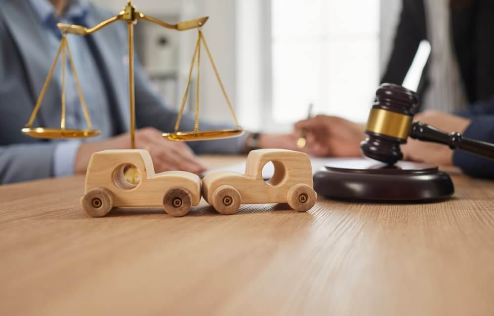 A soft-focus closeup of two small wooden toy cars that have collided, sitting on an office desk alongside a judge's gavel, scales of justice, and individuals involved in the accident.