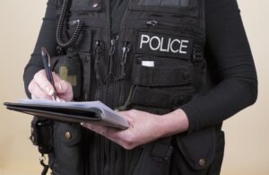 A police officer in a tactical vest takes notes on a pad, documenting details at the scene. 