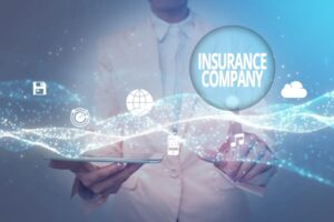 This image provides an overview of a company that offers insurance policies to the public, featuring a lady in uniform holding a tablet in her hand.