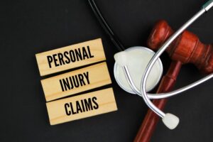 A judge's gavel, a stethoscope, and a sign displaying the words "Personal Injury Claims." 