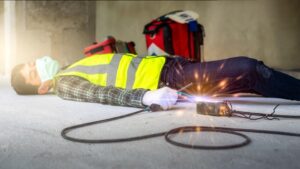 Construction worker experiencing an electric shock after wires are carelessly connected, highlighting risks of improper electrical safety measures on-site.