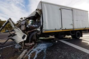 A damaged truck on the road after accident