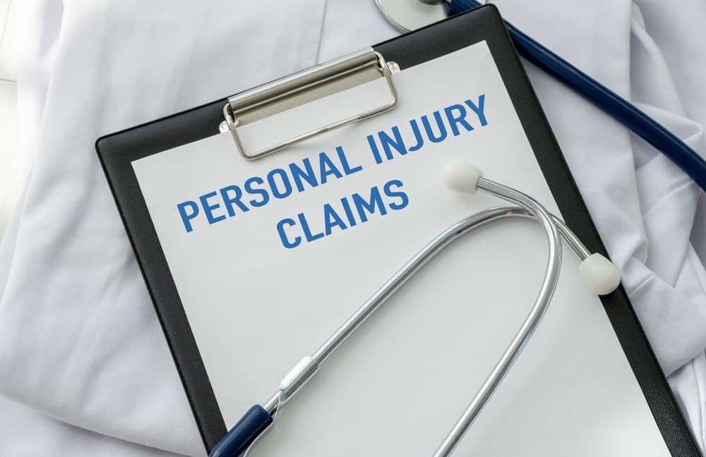 Text Personal injury claims on a white card on the table next to stethoscope