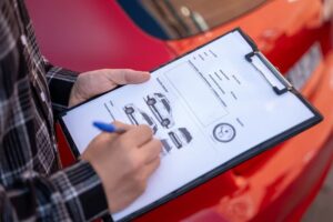 Insurance agent writing notes on clipboard, assessing damage on red car after traffic accident, filling insurance claim form