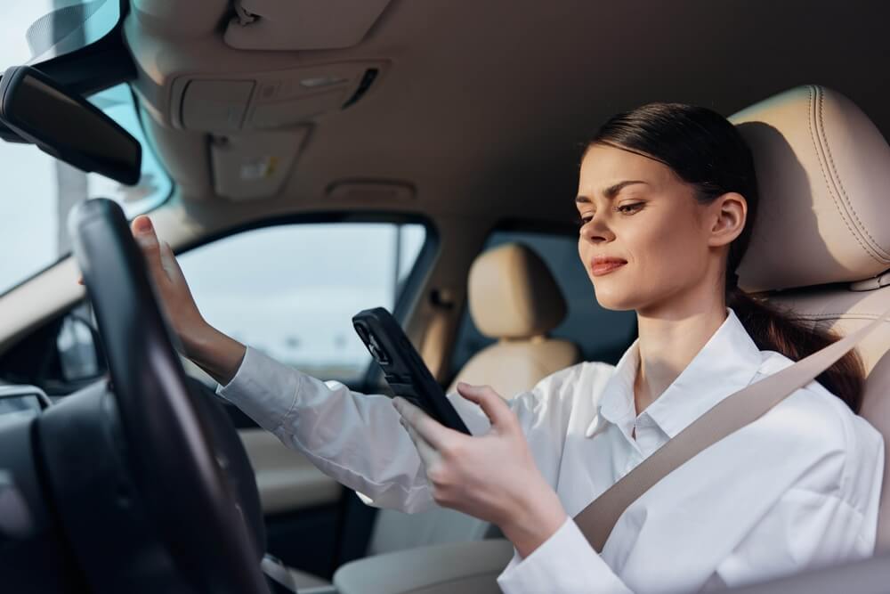 Woman driver distracted by phone, representing partial fault in accidents under comparative negligence rules.