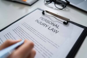 Close-up of personal injury law document on clipboard with lawyer taking notes.