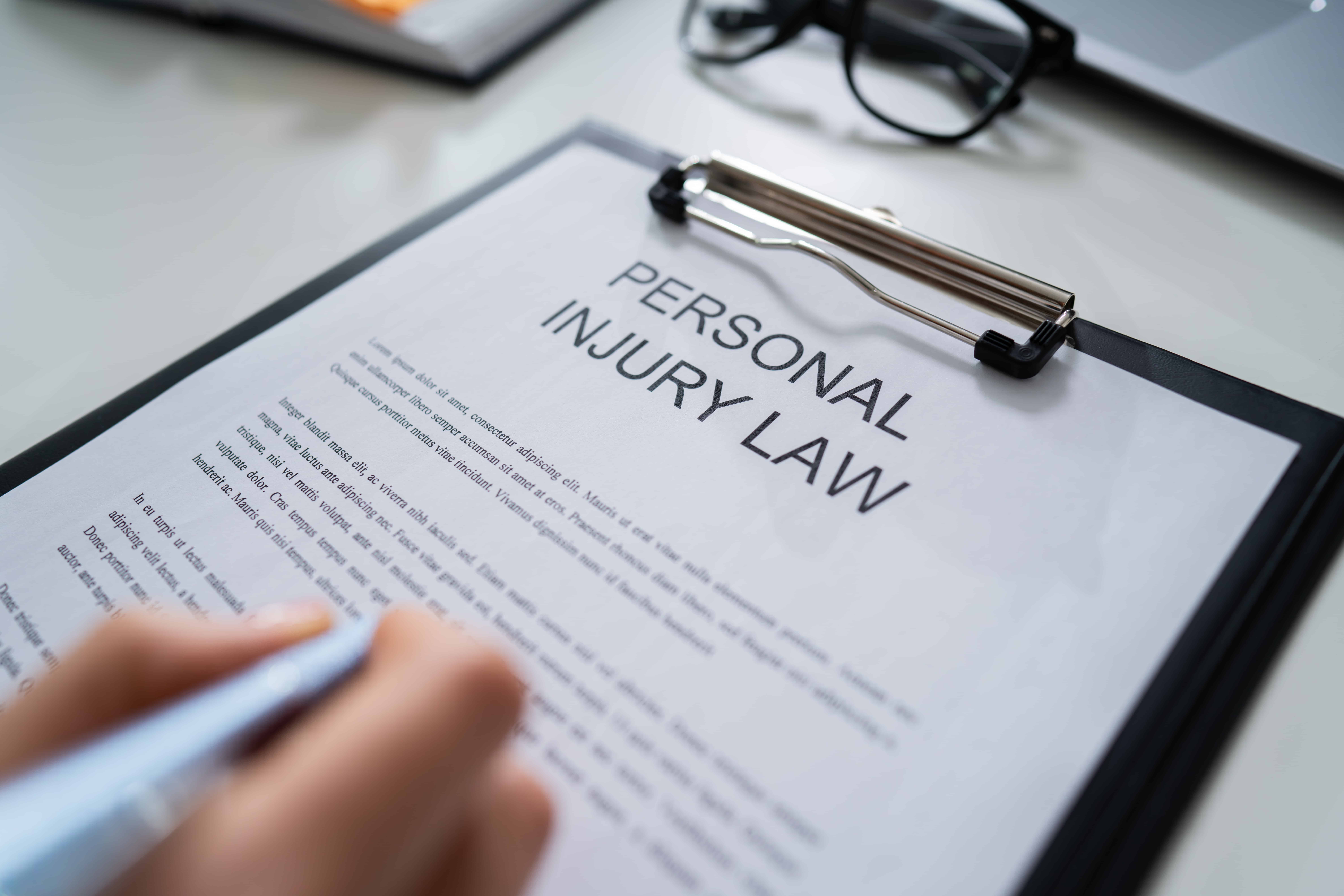 Close-up of personal injury law document on clipboard with lawyer taking notes.