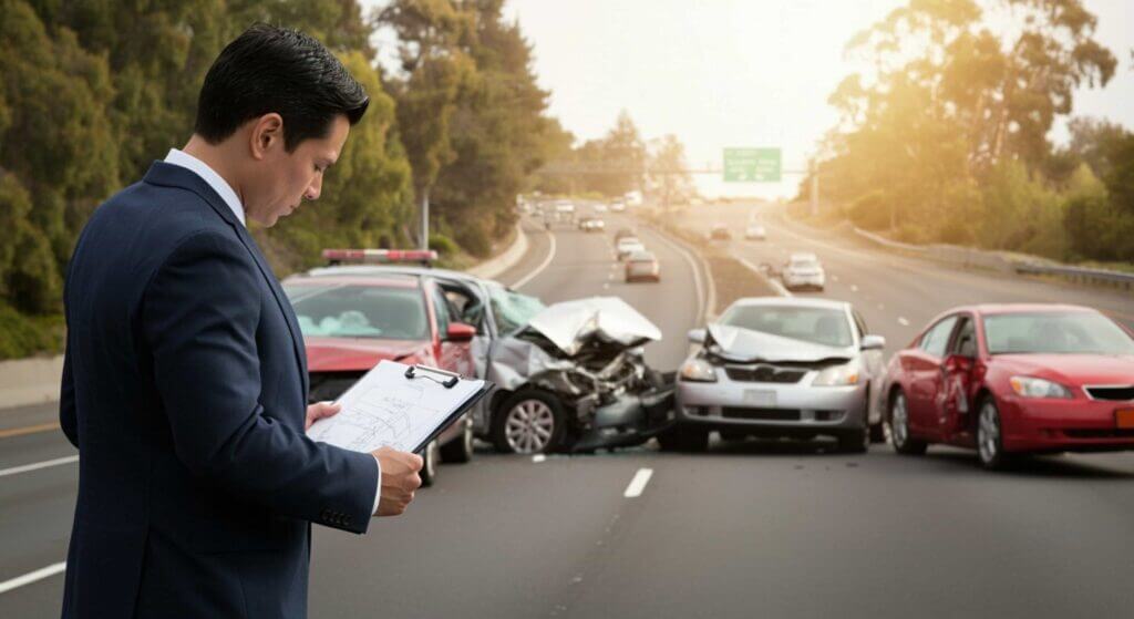 Car accident lawyer inspecting crash scene with multiple damaged vehicles on highway.