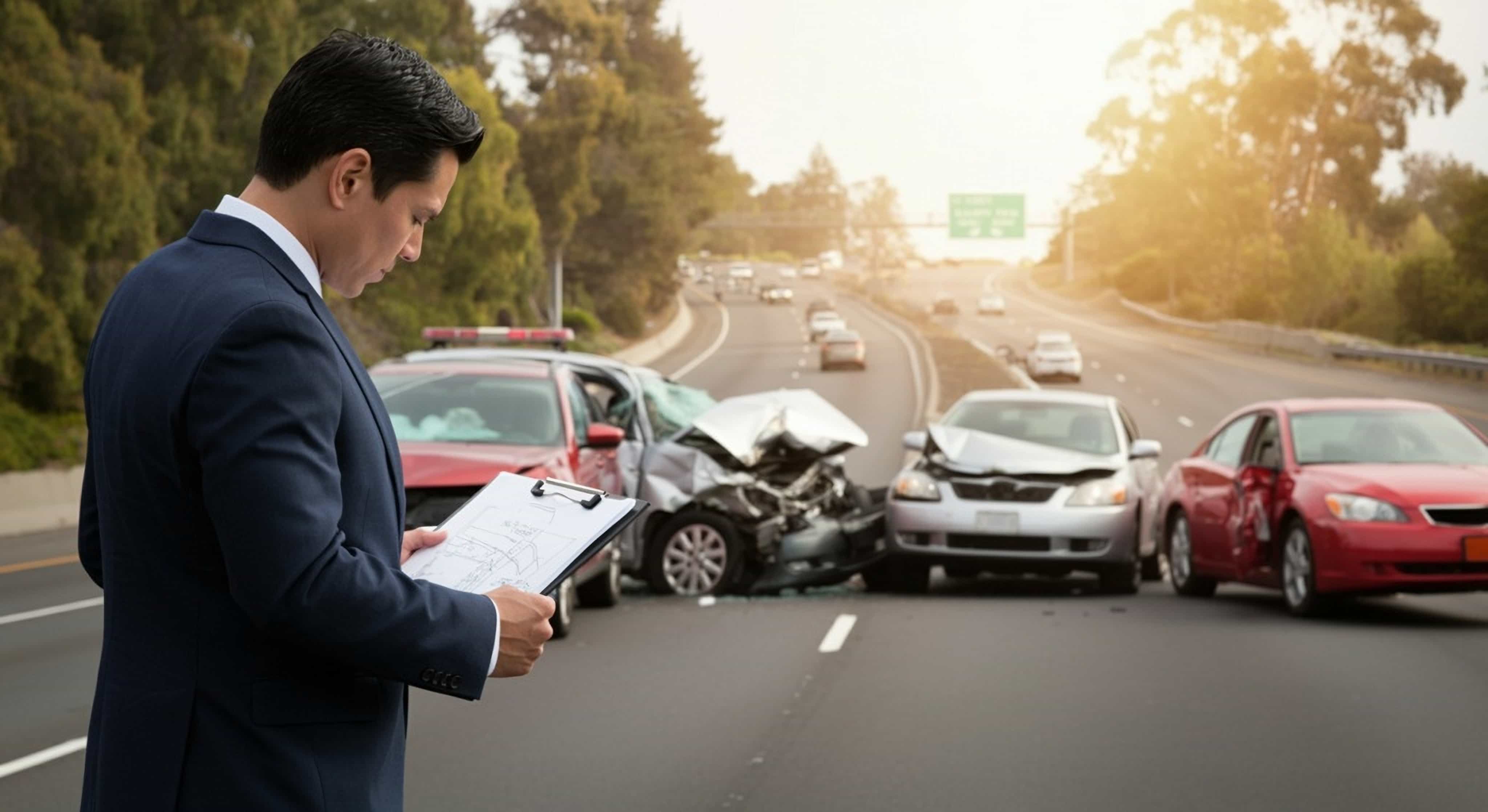Car accident lawyer inspecting crash scene with multiple damaged vehicles on highway.