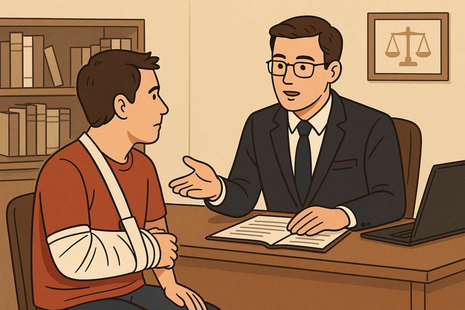 Injured client with arm in a sling consulting a personal injury lawyer in an office setting for legal advice.