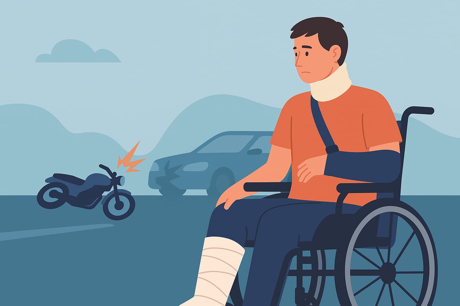 Injured man in a wheelchair after a motorcycle accident, with a damaged motorcycle and car in the background representing disabling injuries.