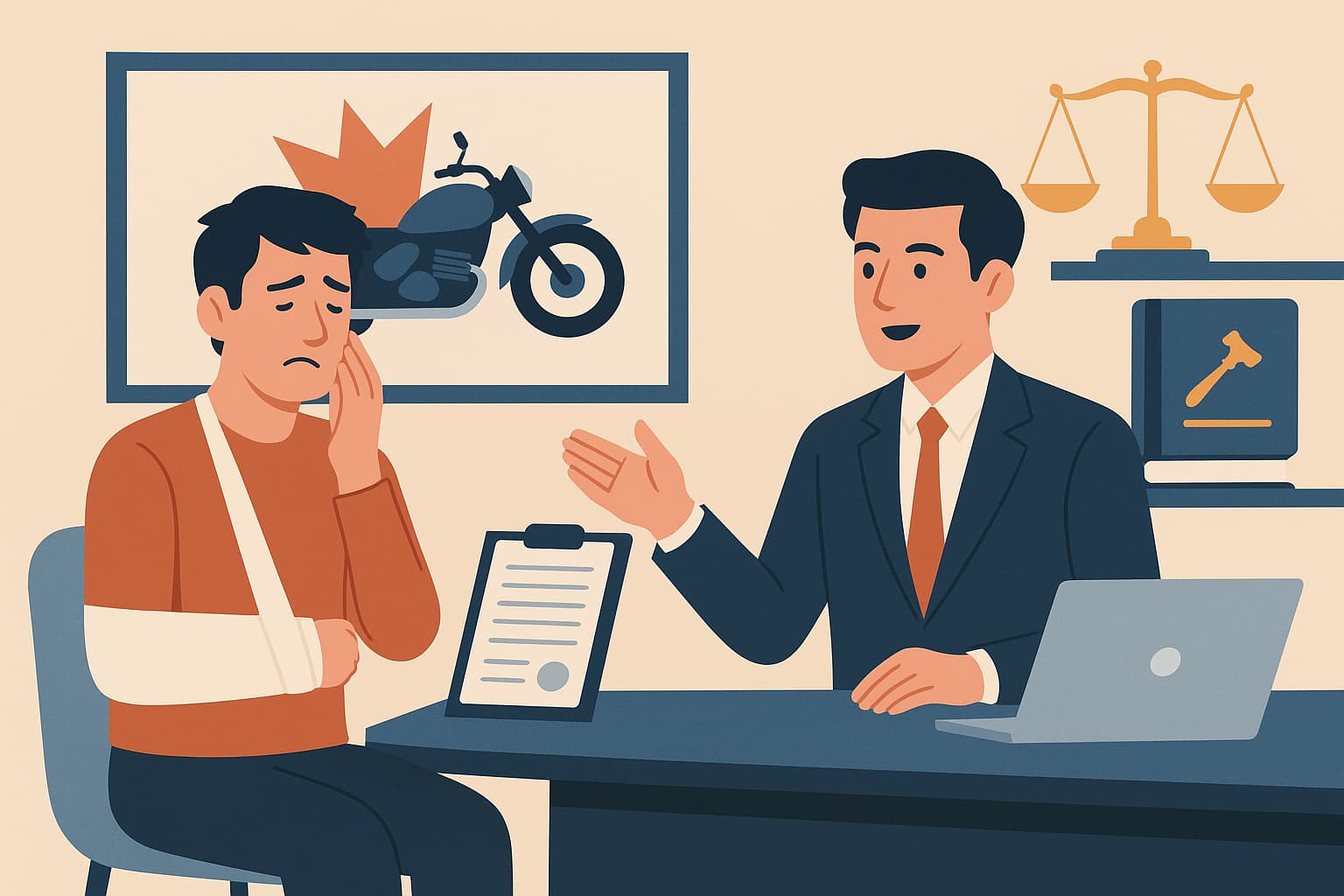 Accident victim discussing legal options with accident attorney after motorcycle crash