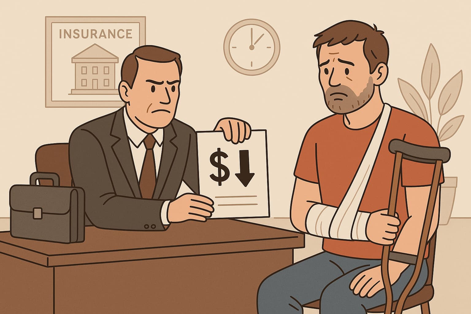 Injured man negotiating with an insurance agent offering a reduced payout during a settlement discussion.