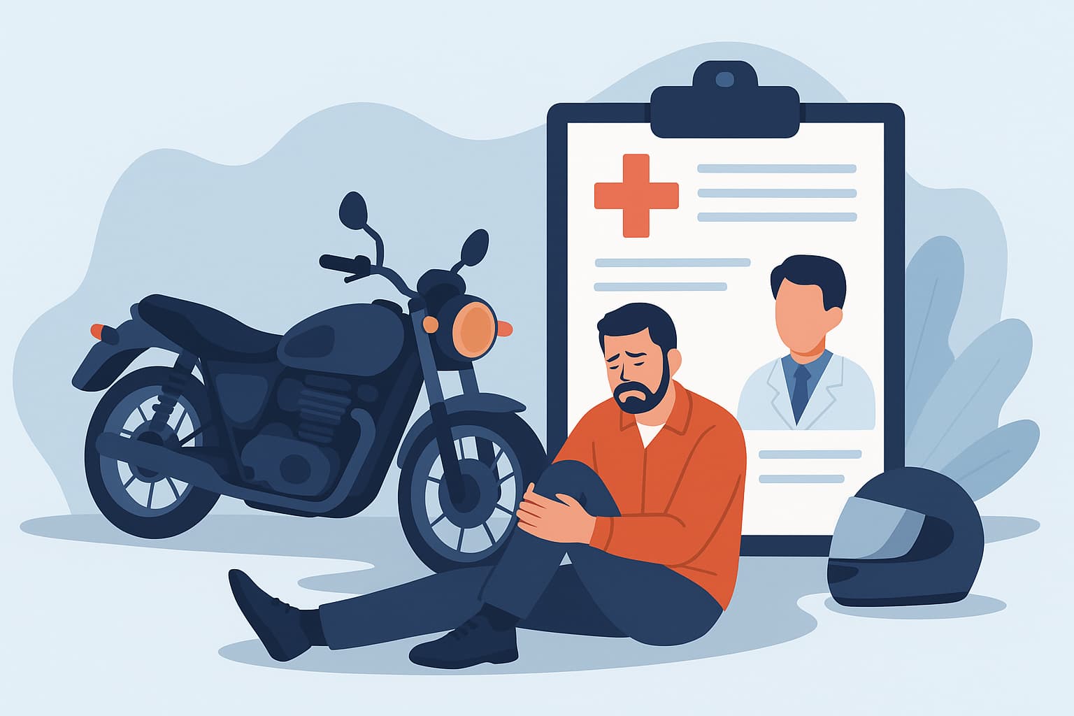 Motorcyclist sitting injured beside fallen bike with medical evaluation clipboard